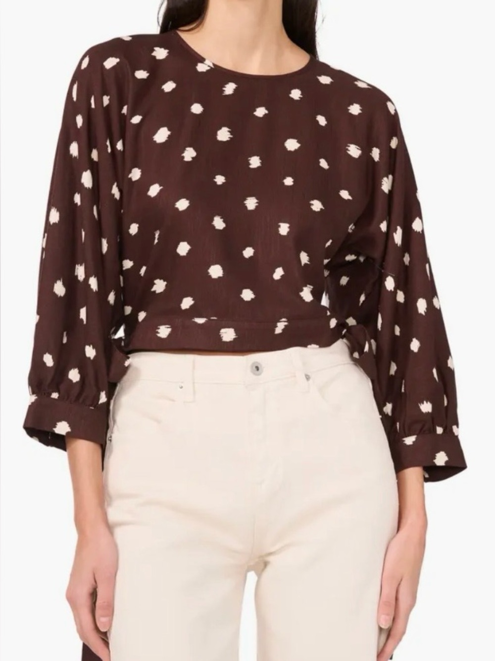 1.STATE Polka Dot Brown & White Side Ties Cropped Rayon Linen Top Size XS - Picture 9 of 12